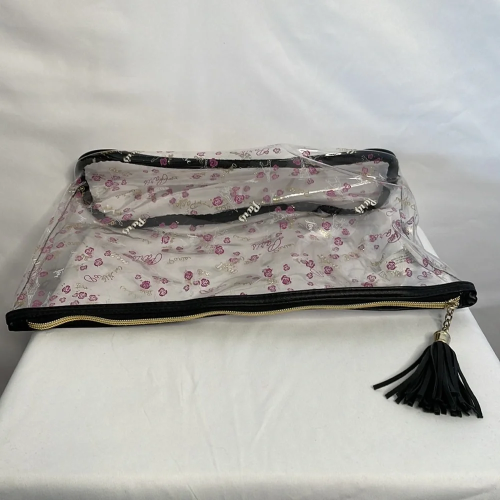 Clear cosmetic makeup bag with pink roses and Eiffel Tower gold hardware tassel